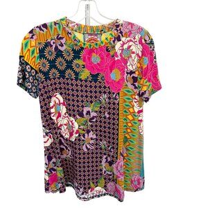 Johnny Was Maggie Swing T-Shirt Crewneck Multi Print Floral Boho - Size XS